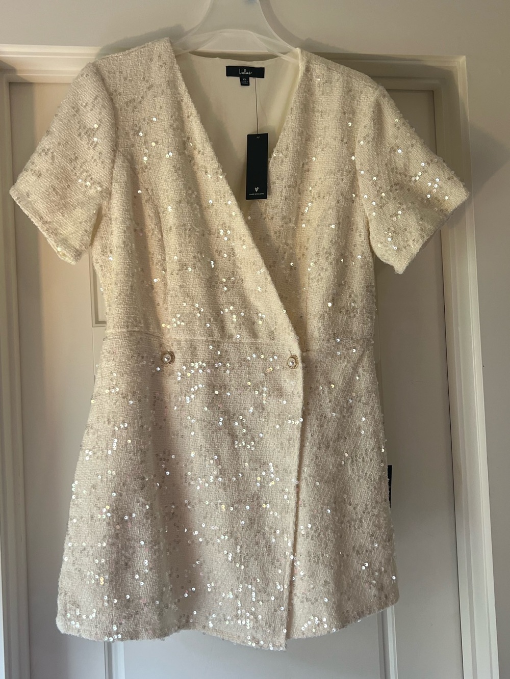 Lulus Glittering Charisma Cream Sequin Tweed Short Sleeve Skort Romper NWT XL - Picture 2 of 6